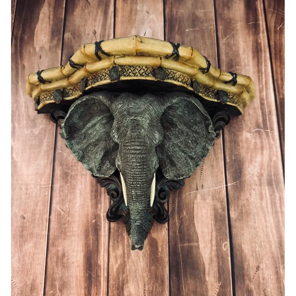 Safari Elephant Head Wall Shelf Faux Bamboo Ledge Sculpture Decor 14x11x6